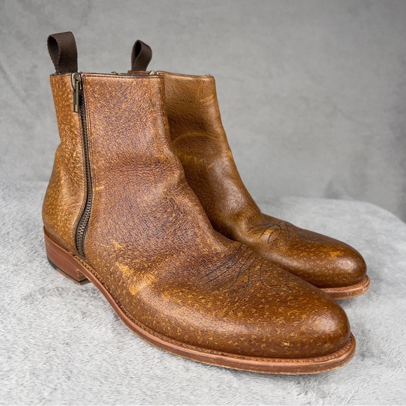 Taft Havana Boots Brown Speckled Kudu Leather Men's 8‎ Double Zipper Cuban Heel - Picture 1 of 11